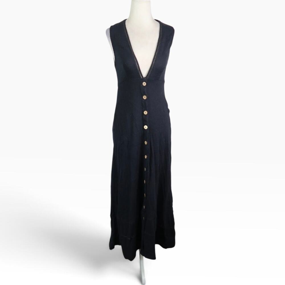 Free People Beach Black Deep V-Neck Button Front Knit Midi Dress S